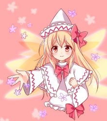 Rule 34 | 1girl, bad id, bad twitter id, blonde hair, blush, bow, bowtie, capelet, dress, fairy, flower, foreshortening, hair bow, hat, lily white, long hair, looking at viewer, outstretched hand, pink background, red eyes, sketch, smile, solo, touhou, upper body, wide sleeves, yada (xxxadaman)