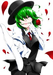 Rule 34 | 1girl, dress shirt, female focus, flower, flower in mouth, foreshortening, formal, gloves, green hair, hair over one eye, hat, kazami yuuka, lips, lipstick, makeup, mattari yufi, mouth hold, necktie, pant suit, pants, pantyhose, petals, pointing, red eyes, red flower, red necktie, red rose, rose, rose petals, shirt, short hair, simple background, solo, suit, touhou, vest, white background, white gloves