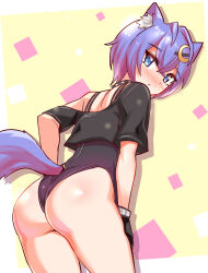 Rule 34 | 1girl, animal ears, ass, bare shoulders, blue eyes, blush, cat ears, cat tail, character request, cougar (cougar1404), from behind, gloves, hair ornament, leaning, leaning forward, leotard, looking at viewer, original, purple hair, short hair, solo, tail, thong, thong leotard