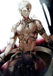 Rule 34 | 1boy, abs, armlet, bare pectorals, blonde hair, fate/grand order, fate/grand order arcade, fate (series), feet out of frame, gilgamesh (fate), glowing, glowing eyes, groin, highres, hip vent, male focus, navel, nebuchadenezzar (fate), no nipples, official alternate costume, pectorals, revealing clothes, sakura hitsuji, smile, solo, spiked hair, thighs, toned, toned male