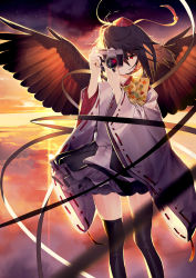 Rule 34 | 1girl, absurdres, aiming, aiming at viewer, alternate costume, black hair, black skirt, black thighhighs, camera, commentary request, feathered wings, hair between eyes, hands up, hat, highres, holding, holding camera, kitada mo, leaf print, long sleeves, looking at viewer, no mouth, one eye covered, petticoat, red eyes, ribbon-trimmed sleeves, ribbon trim, shameimaru aya, shirt, short hair, skirt, sky, solo, star (sky), starry sky, sunset, taking picture, thighhighs, tokin hat, touhou, white shirt, wide sleeves, wings