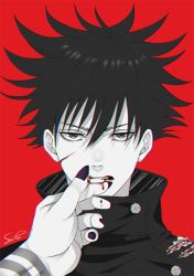 Rule 34 | 2boys, arm tattoo, bleeding, blood, blood from mouth, blood on hands, buttons, commentary request, cuts, eyelashes, fingernails, frown, fushiguro megumi, hair between eyes, hand on another&#039;s face, high collar, injury, jacket, jujutsu kaisen, male focus, monochrome, multiple boys, nail polish, red background, ryoumen sukuna (jujutsu kaisen), sato zero915, sharp fingernails, short hair, spiked hair, tattoo, torn clothes, torn jacket, yaoi