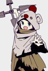 Rule 34 | 1girl, :d, arm up, blonde hair, blue eyes, character hood, cloak, commentary request, cosplay, dot nose, final fantasy, final fantasy vii, final fantasy vii remake, grey background, grey cloak, happy, highres, hitoribocchi no marumaru seikatsu, holding, holding weapon, hood, hood up, katsuwo (cr66g), looking at viewer, moogle, open mouth, shuriken, simple background, smile, solo, sotoka rakita, split mouth, spread fingers, standing, torn cloak, torn clothes, weapon, yuffie kisaragi, yuffie kisaragi (cosplay)
