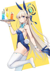Rule 34 | 1girl, absurdres, animal ears, ass, bare shoulders, blonde hair, blue archive, blue bow, blue bowtie, blue eyes, blue leotard, blush, bow, bowtie, breasts, cup, detached collar, drinking glass, fake animal ears, fake tail, hair ribbon, halo, high heels, highres, holding, holding tray, k-ya., leotard, long hair, looking at viewer, medium breasts, playboy bunny, rabbit ears, rabbit tail, ribbon, shoes, simple background, solo, strapless, strapless leotard, tail, thighhighs, toki (blue archive), toki (bunny) (blue archive), tray, unworn shoes, very long hair, white wrist cuffs, wrist cuffs