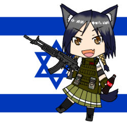 Rule 34 | 1girl, animal ears, assault rifle, black hair, brown eyes, chibi, coca-cola, dog ears, dog tail, fang, fingerless gloves, flag, galil ar (upotte!!), gloves, gun, hexagram, imi galil, israel, israeli flag, load bearing vest, open mouth, rifle, school uniform, serafuku, skirt, smile, solo, star of david, tail, thighhighs, twintails, upotte!!, weapon