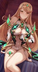 Rule 34 | 1girl, bare legs, bare shoulders, blonde hair, blush, breasts, chest jewel, cleavage, cleavage cutout, clothing cutout, dress, earrings, elbow gloves, gloves, headpiece, highres, ippers, jewelry, large breasts, long hair, looking at viewer, mythra (xenoblade), panties, solo, swept bangs, thigh strap, tiara, underwear, very long hair, white dress, white gloves, white panties, xenoblade chronicles (series), xenoblade chronicles 2, yellow eyes