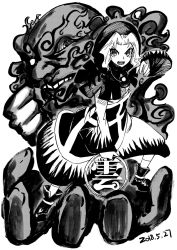 Rule 34 | 1girl, ankle boots, black footwear, boots, clenched hand, dated, fighting stance, greyscale, hair between eyes, headdress, heran hei mao, hood, hoop, jewelry, kesa, kumoi ichirin, long sleeves, looking at viewer, monochrome, nun, pendant, ring, serious, size difference, socks, touhou, unzan, v-shaped eyebrows, wavy hair, wide sleeves
