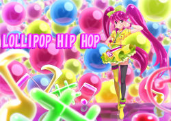 Rule 34 | 10s, 1girl, aino megumi, alternate form, asymmetrical footwear, bow, brooch, bubble, colorful, cure lovely, cure lovely (lollipop hip hop), earrings, full body, hair bow, hand on own hip, happinesscharge precure!, heart, heart brooch, highres, hood, hoodie, jewelry, long hair, magical girl, mismatched footwear, multicolored background, musical note, nukosann, pink eyes, pink hair, precure, skirt, smile, solo, standing, star (symbol), star earrings, thighhighs, twintails, v, wrist cuffs, yellow skirt
