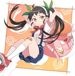 1girl :v arms_behind_head arms_up backpack bag bakemonogatari bandaid bandaid_on_knee bandaid_on_leg black_hair bow green_bow hachikuji_mayoi hair_bow kanyoko_(yuzukano_17) monogatari_(series) multiple_hair_bows neck_ribbon pink_bag ribbon skirt socks solo suspender_skirt suspenders twintails white_socks