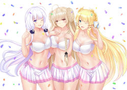 Rule 34 | 3girls, :d, ;d, absurdres, ahoge, azur lane, bare arms, bare shoulders, blonde hair, blue eyes, bra, braid, braided bun, breasts, brown hair, chenche-jun, cleavage, collarbone, cowboy shot, double bun, formidable (azur lane), hair bun, hair ribbon, hands on own chest, hands up, highres, illustrious (azur lane), large breasts, laurel crown, long hair, looking at viewer, miniskirt, mole, mole under eye, multiple girls, navel, one eye closed, open mouth, pleated skirt, purple eyes, red eyes, ribbon, side-by-side, single hair bun, skirt, smile, standing, stomach, thumbs up, underwear, v, very long hair, victorious (azur lane), white bra, white hair, white skirt