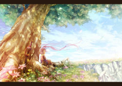 Rule 34 | 1boy, 1girl, against tree, asbel lhant, bad id, bad pixiv id, brown hair, closed eyes, couple, day, field, flower, grass, head wreath, hetero, landscape, lap pillow, letterboxed, long hair, lying, nature, on back, purple hair, ritttz, scenery, short hair, sitting, sky, sleeping, sophie (tales), sword, tales of (series), tales of graces, tree, twintails, weapon, wind
