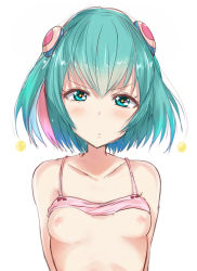 Rule 34 | 1girl, :t, bare shoulders, blush, bow, bow bra, bra, bra lift, breasts, closed mouth, collarbone, commentary request, green eyes, green hair, hagoromo lala, hair ornament, haru (nature life), looking at viewer, multicolored hair, nipples, pink bra, pink hair, pout, precure, small breasts, solo, star-shaped pupils, star (symbol), star twinkle precure, streaked hair, symbol-shaped pupils, underwear, underwear only, upper body, v-shaped eyebrows, white background