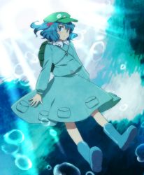 Rule 34 | 1girl, backpack, bag, blue eyes, blue hair, bubble, female focus, hair bobbles, hair ornament, hat, kawashiro nitori, key, matching hair/eyes, natsume (menthol), open mouth, randoseru, short hair, solo, touhou, twintails, two side up, underwater
