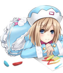 Rule 34 | 10s, 1girl, blue dress, blue eyes, blue hat, brown hair, crayon, drawing, dress, hat, highres, lying, neptune (series), on stomach, rom (neptunia), shishin (shishintei), simple background, smile, solo
