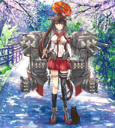 Rule 34 | 10s, 1girl, breasts, brown eyes, brown hair, cat, cherry blossoms, flower, full body, hair flower, hair ornament, highres, kantai collection, kentarosu7, kntrs, kntrs (knyrs), large breasts, long hair, machinery, miniskirt, oil-paper umbrella, ponytail, single thighhigh, skirt, smile, solo, thighhighs, tree, turret, umbrella, yamato (kancolle)