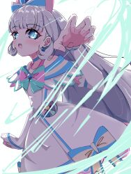Rule 34 | 1girl, absurdres, blue choker, blue eyes, blush, bow, choker, claw pose, commentary request, cure nyammy, dress, earrings, eyelashes, grey hair, hair bow, hair ornament, highres, jewelry, looking at viewer, magical girl, nekoyashiki yuki, nuanko, open mouth, precure, simple background, solo, standing, white background, white dress, wonderful precure!