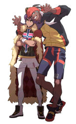 Rule 34 | 2boys, baseball cap, black hoodie, cape, champion uniform, claw pose, clenched teeth, closed mouth, commentary request, creatures (company), crossed arms, dark-skinned male, dark skin, earrings, facial hair, fur-trimmed cape, fur trim, game freak, gym leader, hat, highres, hood, hoodie, jewelry, knees, korean commentary, leon (pokemon), long hair, male focus, multiple boys, nintendo, orange headwear, pokemon, pokemon swsh, purple hair, raihan (pokemon), red cape, redlhzz, shirt, shoes, short shorts, shorts, side slit, side slit shorts, smile, standing, teeth, white legwear, white shorts, yellow eyes
