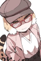 Rule 34 | 1girl, absurdres, alternate costume, bespectacled, black hair, closed mouth, coat, collarbone, contemporary, glasses, green eyes, half-closed eyes, hand in pocket, hare (tetterutei), hat, highres, jaguar (kemono friends), jaguar tail, kemono friends, kemono friends 3, light brown hair, long sleeves, looking at viewer, multicolored hair, open clothes, open coat, pocket, red-framed eyewear, shirt, short hair, simple background, smile, solo, tail, white background, white hair