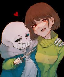 Rule 34 | 1boy, 1girl, :d, arm around shoulder, black background, blade to throat, blue eyes, blue hoodie, blush, bob cut, breasts, brown hair, chara (undertale), commentary, green sweater, grin, hand on another&#039;s shoulder, head tilt, heart, heterochromia, highres, holding, holding knife, holding weapon, hood, hood down, hoodie, knife, looking at another, looking at viewer, loose hair strand, narrowed eyes, open mouth, red eyes, sans (undertale), shirt, short hair, simple background, skeleton, small breasts, smile, sweater, t-shirt, takekinoko, teeth, two-tone hoodie, two-tone sweater, undertale, upper body, weapon, white eyes, white hoodie, white shirt, yellow sweater