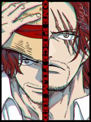 Rule 34 | &gt;:), 1boy, artist request, before and after, cape, closed mouth, facial hair, highres, manly, mature male, muscular, one piece, one piece film: red, scar, scar across eye, serious, shanks (one piece), short hair, smile, solo, timeskip, title, upper body, v-shaped eyebrows, white background
