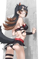 Rule 34 | 1girl, absurdres, ass, australian devil (kemono friends), bare shoulders, bikini, bikini skirt, black bikini, black hair, breasts, brown eyes, brown hair, clothing cutout, commentary, cowboy shot, empty eyes, extra ears, eyepatch, fang, fang out, flipped hair, flower, from behind, gradient hair, highres, kemono friends, looking at viewer, medical eyepatch, medium breasts, multicolored hair, one eye covered, red flower, red rose, rose, solo, swimsuit, tail, tail through clothes, tanabe (fueisei), tasmanian devil ears, tasmanian devil tail, thigh strap, wrist wrap