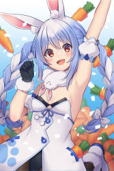 Rule 34 | 1girl, :d, absurdres, animal ear fluff, animal ears, arm up, armpits, black gloves, black leotard, blue hair, blue ribbon, blue sky, blush, boots, bow, braid, breasts, brown pantyhose, carrot, carrot hair ornament, commentary, confetti, day, detached sleeves, don-chan (usada pekora), dress, food-themed hair ornament, fur-trimmed boots, fur-trimmed gloves, fur trim, gloves, hair bow, hair ornament, head tilt, highres, hololive, leg up, leotard, leotard under clothes, long hair, looking at viewer, multicolored eyes, multicolored hair, open mouth, orange eyes, outdoors, outstretched arm, pantyhose, pocket, pom pom (clothes), puffy short sleeves, puffy sleeves, rabbit-shaped pupils, rabbit ears, rabbit girl, red eyes, ribbon, shikinagi, short eyebrows, short sleeves, sidelocks, sky, small breasts, smile, strapless, strapless dress, strapless leotard, symbol-shaped pupils, teeth, thick eyebrows, twin braids, twintails, two-tone hair, upper teeth only, usada pekora, usada pekora (1st costume), virtual youtuber, white bow, white dress, white footwear, white hair