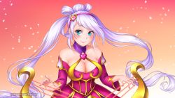 Rule 34 | 1girl, bare shoulders, blue eyes, blush, breasts, burbur, cleavage, dress, green eyes, hair ornament, hairband, instrument, large breasts, league of legends, long hair, looking at viewer, nail polish, purple hair, silver hair, smile, solo, sona (league of legends), staff (music), sweetheart sona, twintails