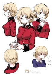 Rule 34 | 10s, 1girl, absurdres, blonde hair, blue eyes, braid, character sheet, chuzenji, collared shirt, commentary request, cup, darjeeling (girls und panzer), flying sweatdrops, girls und panzer, highres, jacket, long sleeves, military jacket, multiple views, necktie, pinky out, red jacket, school uniform, shirt, short hair, sketch, smile, sweater, teacup, twin braids, v-neck, white background, white shirt