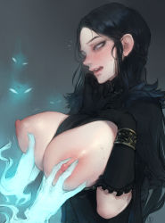 Rule 34 | 1girl, between breasts, black gloves, black hair, blue eyes, blush, grabbing another&#039;s breast, breasts, breasts out, clothes between breasts, commentary, copyright request, disembodied limb, english commentary, feather trim, forehead, ghost, gloves, glowing, grabbing, groping, highres, huge breasts, nat the lich, nipples, no bra, nose, nose blush, original, pale skin, pandora acherona (nat the lich), parted lips, solo focus, unaligned breasts