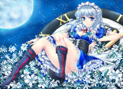 Rule 34 | 1girl, blue eyes, boots, braid, breasts, cleavage, corset, cross-laced footwear, female focus, flower, fred0092, full moon, high heel boots, high heels, izayoi sakuya, lily (flower), maid headdress, moon, night, night sky, puffy short sleeves, puffy sleeves, short hair, short sleeves, side braid, silver hair, sky, smile, solo, star (sky), starry sky, touhou, twin braids, wrist cuffs
