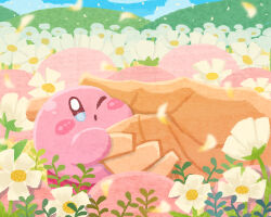 Rule 34 | 1other, blue eyes, blush stickers, disembodied limb, field, flower, flower field, grass, hand focus, kirby, kirby (series), miclot, nintendo, one eye closed, open mouth, pink footwear, shoes, squishing, white flower