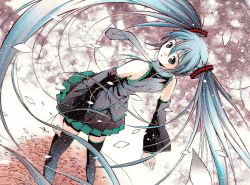 Rule 34 | bad id, bad pixiv id, blue hair, cherry blossoms, detached sleeves, hatsune miku, long hair, looking back, moonsorrow, necktie, skirt, solo, thighhighs, twintails, very long hair, vocaloid, zettai ryouiki