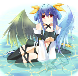 Rule 34 | 1girl, arc system works, asymmetrical wings, bare shoulders, black thighhighs, blue hair, breasts, dizzy (guilty gear), guilty gear, hair ribbon, hoshi (ho4 no), long hair, looking at viewer, red eyes, ribbon, solo, thighhighs, twintails, underboob, water, wings
