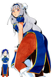Rule 34 | 2girls, ass, atou rie, blue dress, blue hair, blush, boots, bracelet, bun cover, capcom, china dress, chinese clothes, chun-li, chun-li (cosplay), commentary, cosplay, crossover, double bun, dress, embarrassed, gold trim, grey hair, hair bun, hip focus, huge ass, idolmaster, idolmaster (classic), jewelry, kisaragi chihaya, long hair, multiple girls, pantyhose, pelvic curtain, puffy sleeves, sash, shijou takane, short sleeves, spiked bracelet, spikes, street fighter, sweatdrop, thick thighs, thighs, white background, white footwear, wide hips
