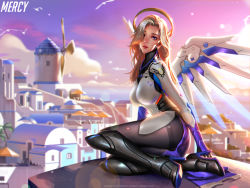 Rule 34 | 1girl, alternate hairstyle, alternate wing color, armor, bird, black pantyhose, blonde hair, blue eyes, blue sky, blue wings, bodysuit, boots, breasts, city, cloud, faulds, flying, full body, glowing, glowing wings, greaves, hair down, halo, high heel boots, high heels, liang xing, light smile, long hair, looking at viewer, mechanical halo, mechanical wings, medium breasts, mercy (overwatch), nose, ocean, official alternate costume, outdoors, overwatch, overwatch 1, pantyhose, parted lips, pelvic curtain, pink lips, seagull, sitting, sky, solo, windmill, wings, yellow wings