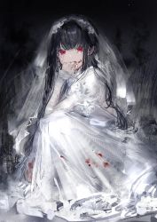 Rule 34 | 1girl, biting, black background, black hair, blood, blood on face, blood on hands, bridal veil, commentary request, dress, finger biting, gawako, highres, long hair, long sleeves, looking at viewer, original, red eyes, solo, squatting, tearing up, tears, veil, wedding dress, white dress