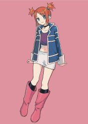 Rule 34 | 1girl, aqua eyes, black choker, black socks, blue jacket, boots, choker, closed mouth, collarbone, commentary request, creatures (company), full body, game freak, highres, ittumozzz, jacket, kneehighs, long sleeves, looking at viewer, navel, nintendo, open clothes, open jacket, orange hair, pink background, pink footwear, pokemon, pokemon colosseum, purple shirt, rui (pokemon), shirt, skirt, smile, socks, solo, two side up, white skirt