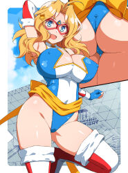 Rule 34 | 1girl, arm at side, arm up, armpits, ass, blonde hair, blue eyes, blue gloves, blue leotard, breasts, cleavage, covered erect nipples, covered navel, detached sleeves, eye mask, fingerless gloves, girls und panzer, gloves, highres, huge breasts, kay (girls und panzer), leotard, long hair, looking at viewer, nakamura yukitoshi, open mouth, red thighhighs, smile, standing, standing on one leg, star (symbol), thighhighs, thighs, tokyo big sight, two-tone thighhighs, wavy hair, white leotard, white thighhighs