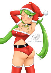Rule 34 | 1girl, armpits, arms up, ass, breasts, cleavage, creatures (company), dark-skinned female, dark skin, emixxart, game freak, green eyes, green hair, hat, highres, large breasts, long hair, mallow (pokemon), micro shorts, nintendo, one eye closed, pokemon, pokemon sm, santa hat, shorts, thighhighs, twintails, very long hair