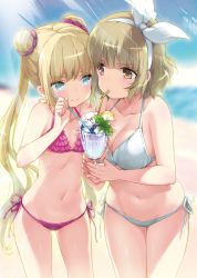 Rule 34 | 2girls, bad id, bad pixiv id, bare arms, bare shoulders, beach, bikini, blonde hair, blue eyes, blurry, blurry background, breasts, brown eyes, cleavage, collarbone, cup, day, double bun, drinking, drinking glass, drinking straw, emily (pure dream), flat chest, frilled bikini, frills, hair bun, hair ribbon, holding, ice, ice cube, large breasts, light brown hair, long hair, multiple girls, navel, outdoors, pan de peace!, pink bikini, ribbon, side-tie bikini bottom, standing, stomach, summer, swimsuit, twintails, white ribbon