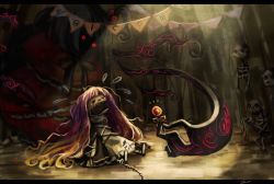 Rule 34 | 2girls, black dress, blonde hair, candy, chain, chained, chain, crying, demon wings, dress, faceless, food, giving, gradient hair, hair bobbles, hair ornament, hijiri byakuren, koto inari, letterboxed, light, lollipop, long hair, multicolored hair, multiple girls, purple hair, red dress, red eyes, shinki (touhou), side ponytail, signature, silver hair, sitting, skeleton, sorcerer&#039;s sutra scroll, touhou, touhou (pc-98), turtleneck, very long hair, white dress, wings