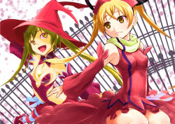 Rule 34 | 10s, 2girls, anri airi, asuka yuuri, bare shoulders, blonde hair, breasts, bridal gauntlets, cleavage, detached sleeves, dress, green eyes, green hair, hair ornament, hat, highres, jewelry, long hair, magical girl, mahou shoujo kazumi magica, mahou shoujo madoka magica, multiple girls, open mouth, parted lips, pendant, scarf, small breasts, smile, spoon, striped, thighhighs, tongue, twintails, witch hat, yellow eyes, yukimura kaname, yuuri (madoka magica)