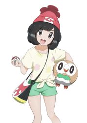Rule 34 | 1girl, :d, bag, beanie, black hair, commentary request, creatures (company), eyelashes, floral print, game freak, gen 7 pokemon, green shorts, grey eyes, hat, highres, holding, holding poke ball, holding pokemon, ia (ilwmael9), looking at viewer, nintendo, open mouth, pink headwear, poke ball, poke ball (basic), pokemon, pokemon (creature), pokemon sm, rowlet, selene (pokemon), shirt, short shorts, short sleeves, shorts, shoulder bag, smile, teeth, tied shirt, tongue, upper teeth only, white background, yellow shirt