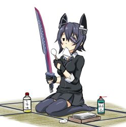 Rule 34 | 10s, 1girl, blush, breasts, cleaning, cleaning weapon, cotton swab, eyepatch, gloves, headgear, kantai collection, mouth hold, necktie, purple hair, school uniform, short hair, simple background, sitting, solo, spray can, sword, tatami, tenryuu (kancolle), thighhighs, tsukemon, weapon