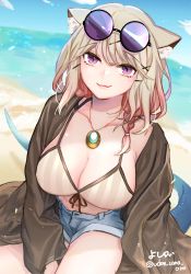 Rule 34 | 1girl, animal ear fluff, animal ears, arknights, bad id, bad pixiv id, beach, bikini, blonde hair, braid, breasts, cleavage, denim, denim shorts, eyewear on head, hat, highres, large breasts, long sleeves, looking at viewer, navel, official alternate costume, purple eyes, seiza, short shorts, shorts, single braid, sitting, smile, solo, striped bikini, striped clothes, sunglasses, swimsuit, swimsuit cover-up, tail, twitter username, utage (arknights), utage (summer flowers) (arknights), vertical stripes, yoshiga