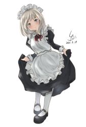 Rule 34 | 1girl, alternate costume, apron, artist logo, black dress, black footwear, blonde hair, blue eyes, commentary request, dated, dress, enmaided, frilled apron, frills, full body, highres, kantai collection, ld (luna dial398), long hair, looking at viewer, maid, maid headdress, mary janes, one-hour drawing challenge, shoes, simple background, skirt hold, solo, u-511 (kancolle), white apron, white background, white legwear
