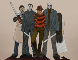 Rule 34 | 1girl, 4boys, a nightmare on elm street, apron, arm behind back, barefoot, black hair, blazer, brown hair, chainsaw, claws, crossover, edo tatsuki, fedora, freddy krueger, friday the 13th, gloves, hair over eyes, halloween (movie), hat, hockey mask, jacket, jason voorhees, jumpsuit, knife, leatherface, long hair, machete, mask, michael myers, multiple boys, multiple crossover, necktie, scar, shirt, shoes, smile, striped clothes, striped shirt, the ring, the texas chainsaw massacre, very long hair, weapon, yamamura sadako