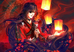 Rule 34 | 1boy, absurdres, artist name, black hair, black neckwear, bug, butterfly, chinese clothes, eyepatch, flower, highres, holding, holding umbrella, hua cheng, insect, lantern, long hair, oil-paper umbrella, over shoulder, paper lantern, red flower, sitting, solo, tianguan cifu, umbrella, very long hair, white butterfly, yuuefa