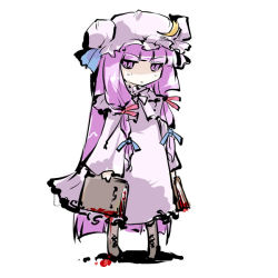 Rule 34 | 1girl, blood, book, crescent, dual wielding, female focus, hair ribbon, hat, holding, long hair, looking at viewer, patchouli knowledge, purple eyes, purple hair, ribbon, simple background, solo, tokiame, touhou, white background