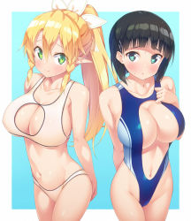 Rule 34 | 2girls, alternate costume, black hair, blonde hair, blush, braid, breasts, cleavage, cleavage cutout, clothing cutout, collarbone, commentary request, dual persona, elf, green eyes, groin, hair between eyes, hair ornament, hand on own chest, high ponytail, highres, kazuma (kazumav), kirigaya suguha, large breasts, leafa, long hair, looking at viewer, multiple girls, navel, one-piece swimsuit, pointy ears, ponytail, skindentation, smile, sweatdrop, swimsuit, sword art online, twin braids